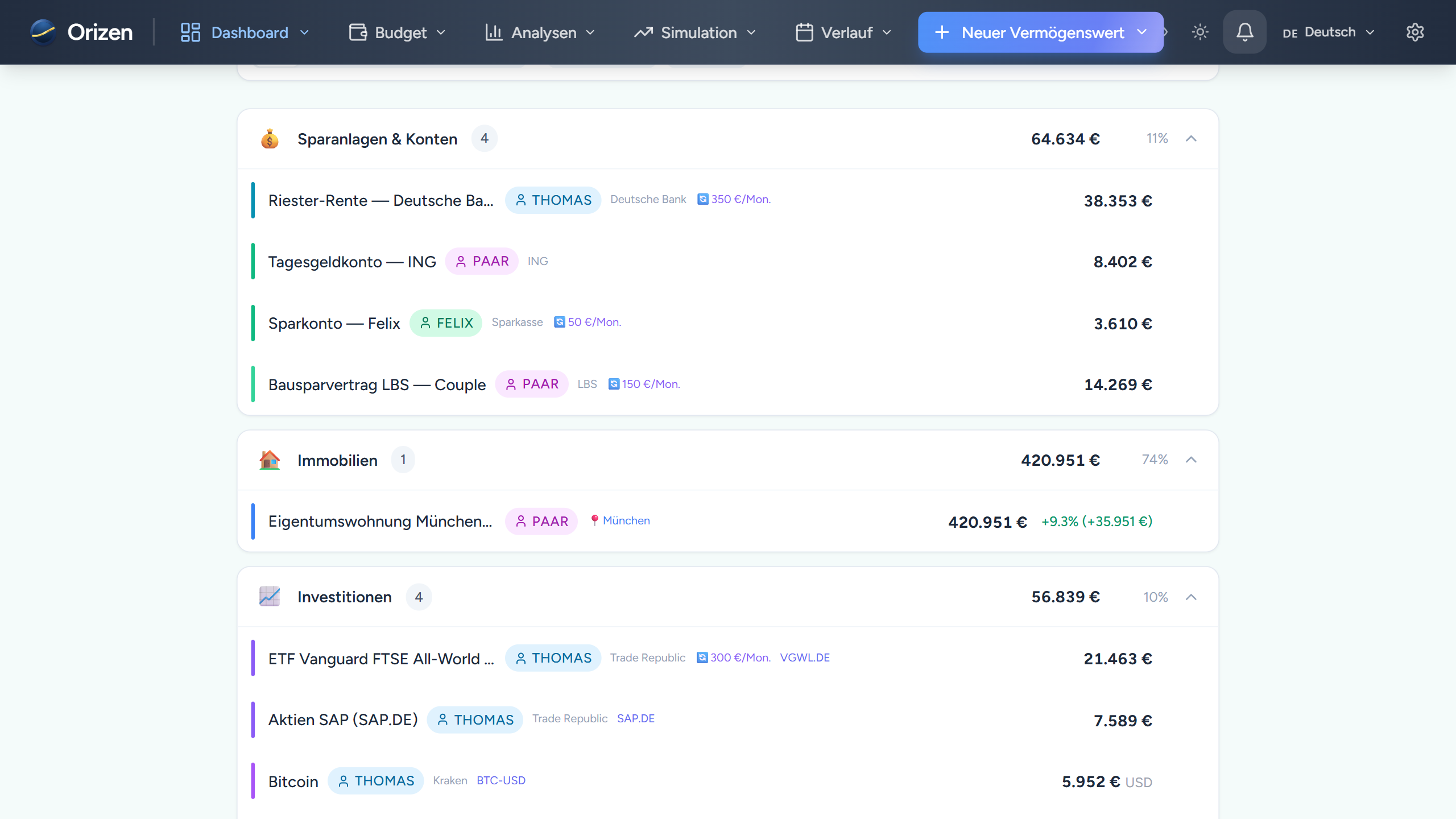Screenshot — Vollständige Vermögensübersicht