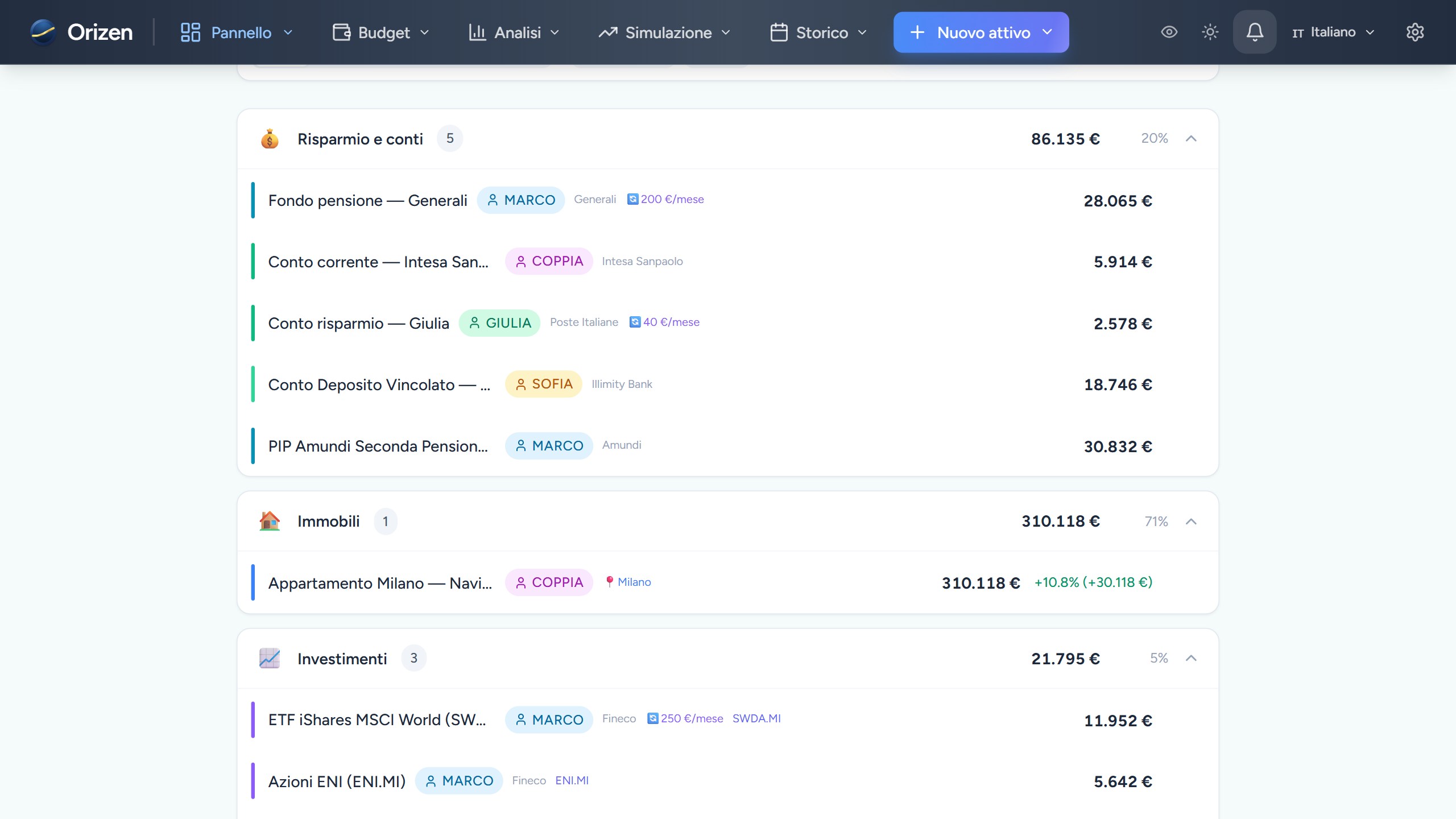 Screenshot — Monitoraggio completo del patrimonio